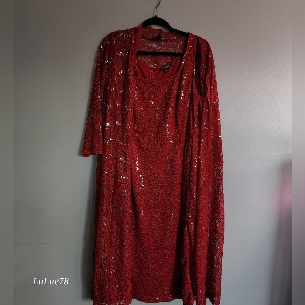 Roaman's Elegant Red Lace Sequin Women's Matching Duster & Dress Set 18W - Picture 4 of 15